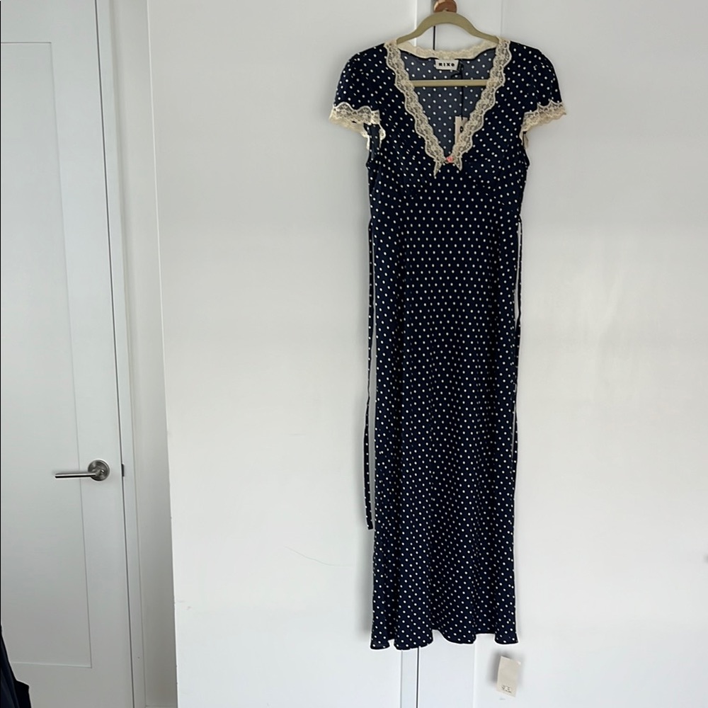 RIXO Clarice Navy Polka Dot Midi Dress with Cream Lace